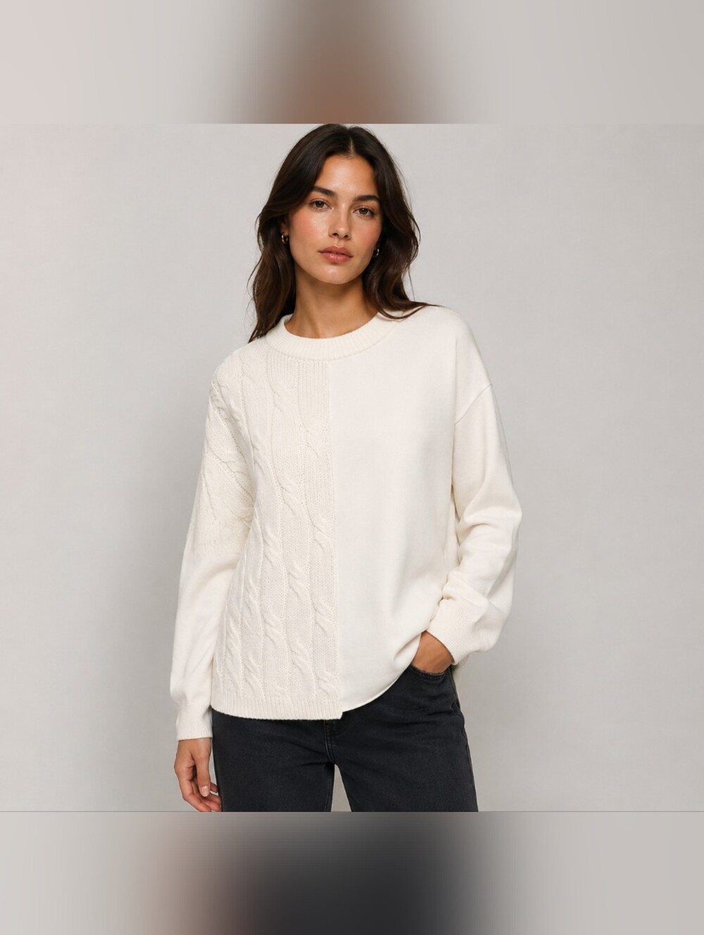 Zara Cream Cable-Panel Scoop Neck Sweater Size Medium